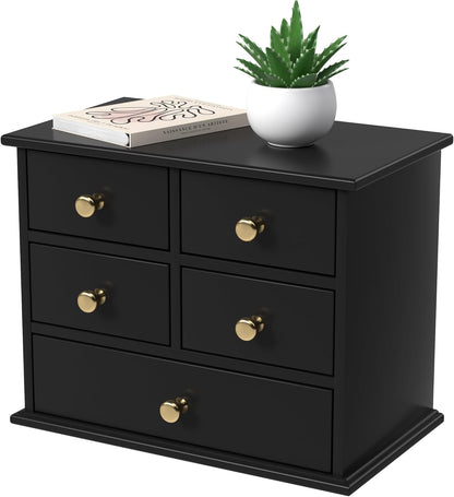 Oak Desk Organizer with Drawers, Durable Wooden Desktop Storage Box with Metal Handles & Non-Slip Silicone Pads, 4 Drawer Tabletop Organizer for Office, Bedroom, Bathroom, Vanity, and Makeup – Walnut