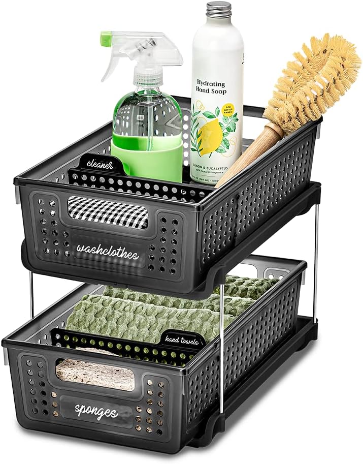 madesmart Two-Tier Bathroom Cabinet Organizer, Sliding Drawer Storage for Bottles, Sponges & Cleaning Supplies, Blue