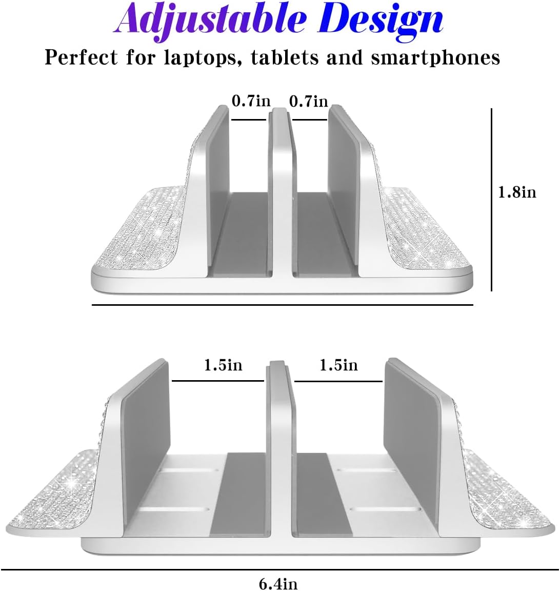 Bling Vertical Laptop Stand, Double Desktop Stand Holder with Adjustable Dock (Up to 17.3 inch),Compatible with All MacBook/Surface/Samsung/HP/Dell/Chrome Book (Silver Glitter Rhinestones)