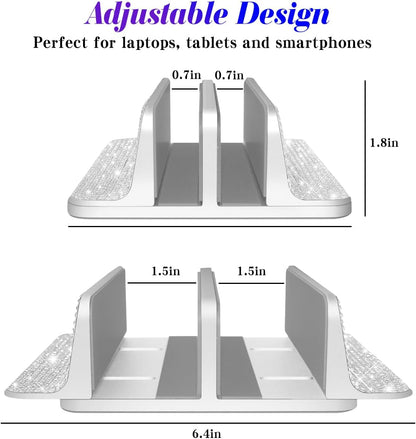 Bling Vertical Laptop Stand, Double Desktop Stand Holder with Adjustable Dock (Up to 17.3 inch),Compatible with All MacBook/Surface/Samsung/HP/Dell/Chrome Book (Silver Glitter Rhinestones)