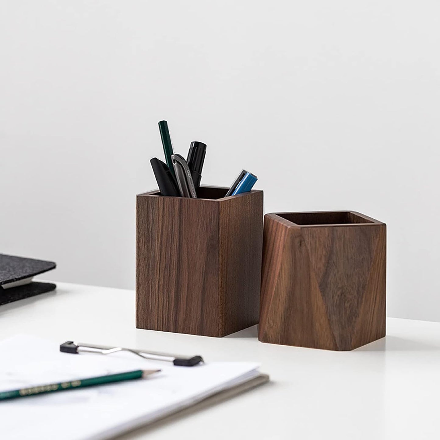 Black Walnut Wooden Pencil Box, Multiple-Use Desk Writing Stationary Organizer Wood Pen Holder Cups Office School Supplies Storage (Prismatic Shape)