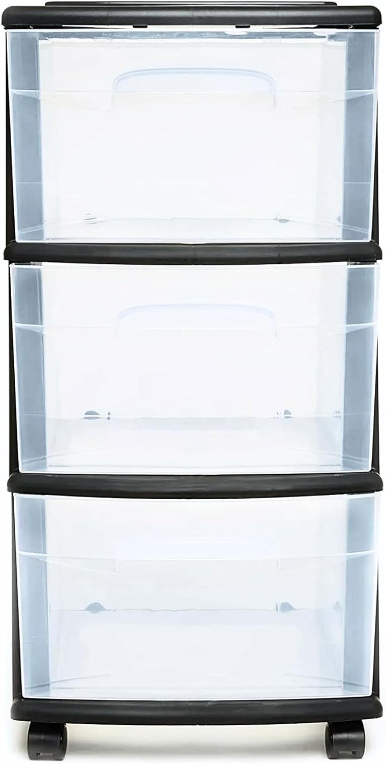 HOMZ Drawer Tower, 3-Tier Rolling Storage Cart with Removable Wheels, White Frame – Plastic Organizer with Clear Bin Drawers for Bedroom, Bathroom, Home Office, and Dorm Room