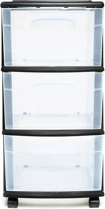 HOMZ Drawer Tower, 3-Tier Rolling Storage Cart with Removable Wheels, White Frame – Plastic Organizer with Clear Bin Drawers for Bedroom, Bathroom, Home Office, and Dorm Room