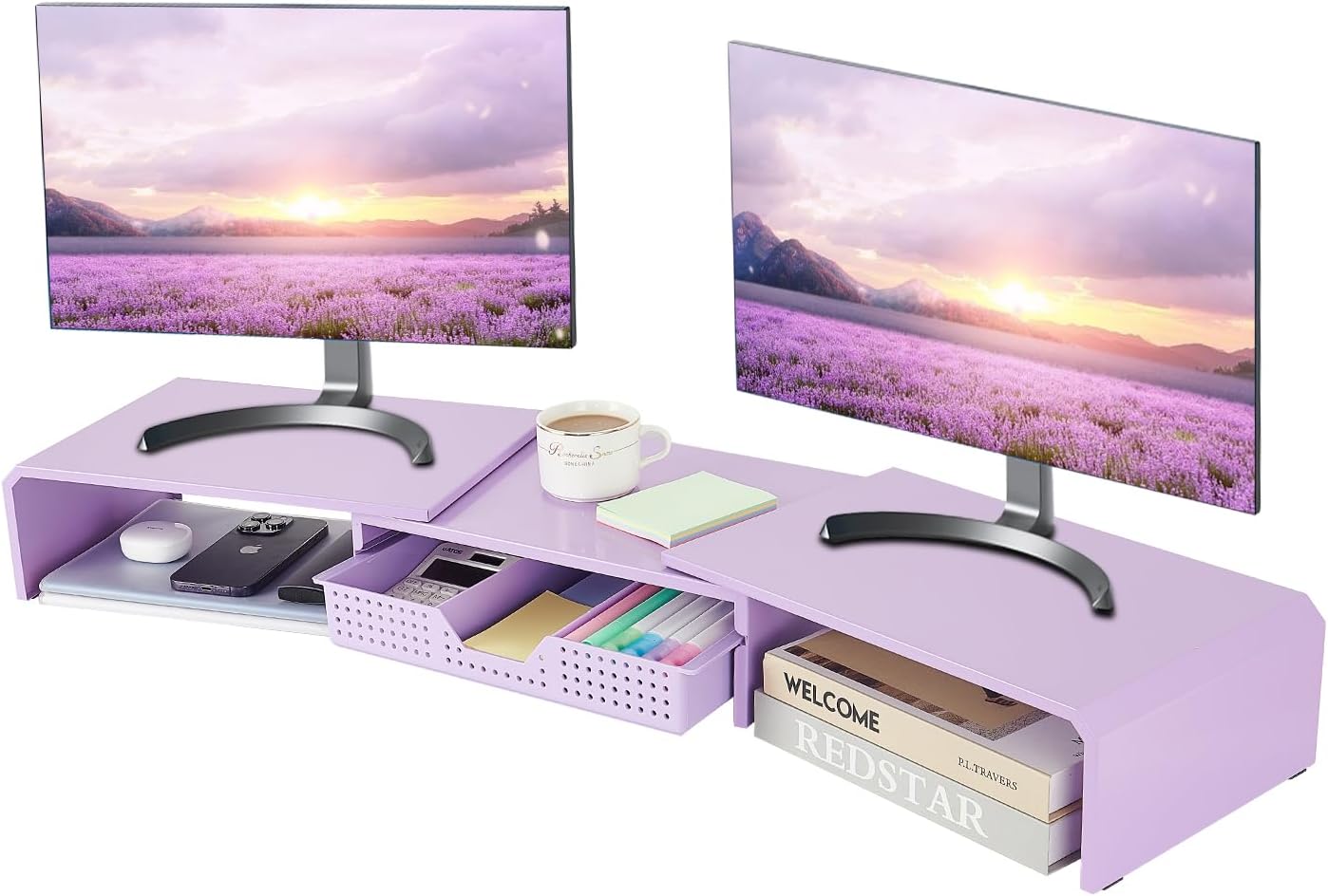LEKETREE Dual Monitor Stand Riser with Drawer, Desk Organizer and Accessories, Pink Monitor Stand for Desk, Desktop Stand for Computer, Laptop, TV and More (Pink)