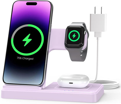 Wireless Charger Stand Charging Station: 3 in 1 Charger Stand Multiple Devices for Apple - iPhone 17 16e 16 15 14 Pro Max 13 12 - Watch 11 10 9 8 7 6 5 4 3 2 SE and Ultra Series-Airpods 4 3 Pro, Pink