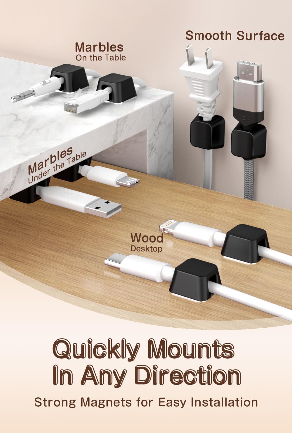 Maveek Magnetic Cord Holders, 5 Pack Silicone Magnet Cable Clips with Metal Plates, Standing Desk Wire Organizer for USB Charging Cables, Nightstand, Car, Metal Surface (Small, White)