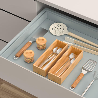 VeyFey Bamboo Drawer Organizer, Stackable Utensil Organizer for Kitchen, Bamboo Storage Box Wood Silverware Tray for Drawer 15" x 6" x 2" Set of 2