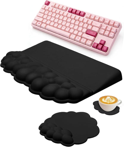 Cloud Wrist Rest Set for Keyboard and Mouse, Ergonomic Memory Foam Wrist Support & Adjustable Keyboard Stand with Two Typing Angles, Silky Lycra Surface, Non-Slip Base (White)