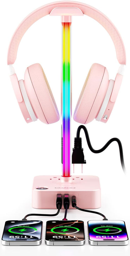 COZOO Headphone Stand with USB Charger Desktop Gaming Headset Holder Hanger with 3 USB Charging Station and 2 Outlets Power Strip,Suitable for Gaming, DJ,Wireless Earphone Display, Gamer Gifts for Men
