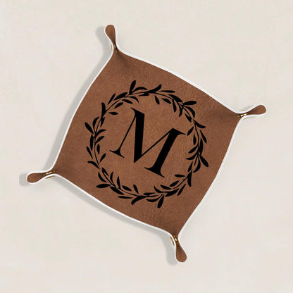Gifts for Boyfriend Initial Valet Tray,Personalized Gifts for Dad Husband Boyfriend Grandpa,Nightstand Desk Accessories PU Leather Tray Organizer for Birthday Ideas (M)