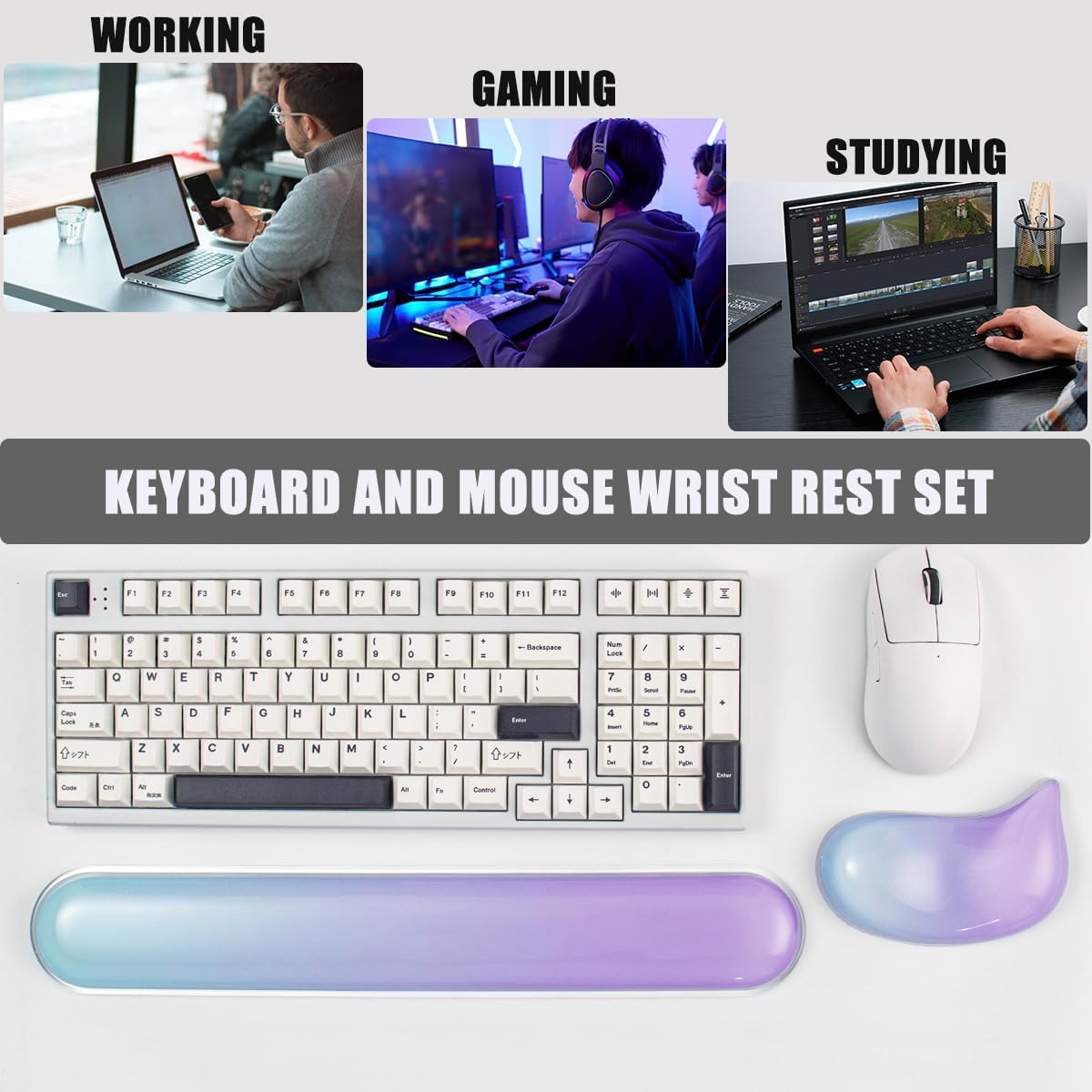 Gel Keyboard and Mouse Wrist Rest Set –Blue Purple Clear Wrist Rest for Computer Keyboard 60%/68%/75%, Comfort & Support for Typing and Gaming