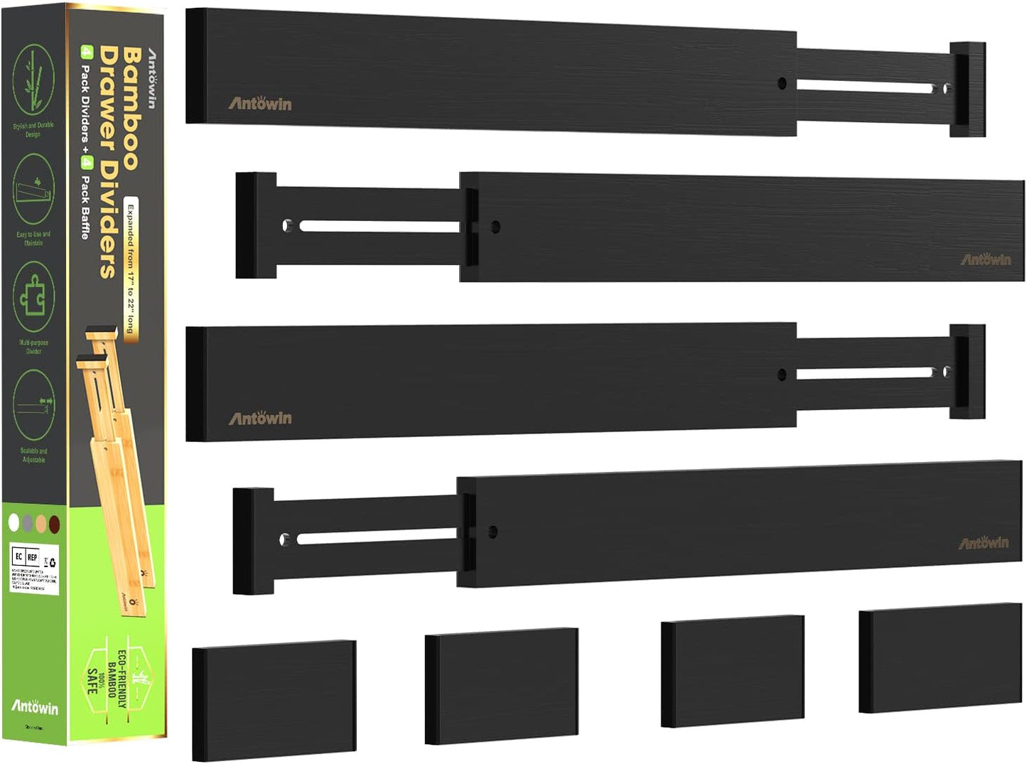 ANTOWIN Bamboo Drawer Dividers Organizers, Drawer Separators Splitter,17-22 inches Long Adjustable Spring-loaded Organizer for Large Utensil, Clothes, Tools Drawers(yellow)
