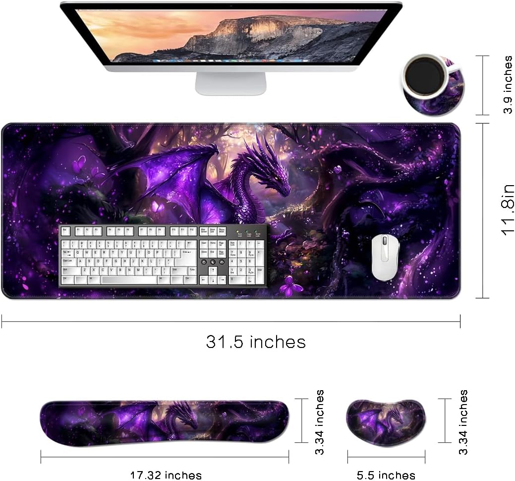 MIBITRI Keyboard Mouse Pad Set, Extended Gaming Mouse Pad+Ergonomics Keyboard Wrist Rest Support, Memory Foam, Easy Typing Pain Relief, 4Pcs XXL Ultra Thick Desk Mat, Enchanted Bookshelf