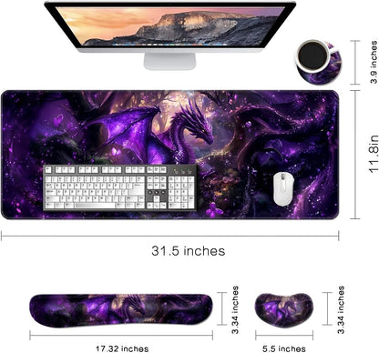 MIBITRI Keyboard Mouse Pad Set, Extended Gaming Mouse Pad+Ergonomics Keyboard Wrist Rest Support, Memory Foam, Easy Typing Pain Relief, 4Pcs XXL Ultra Thick Desk Mat, Enchanted Bookshelf