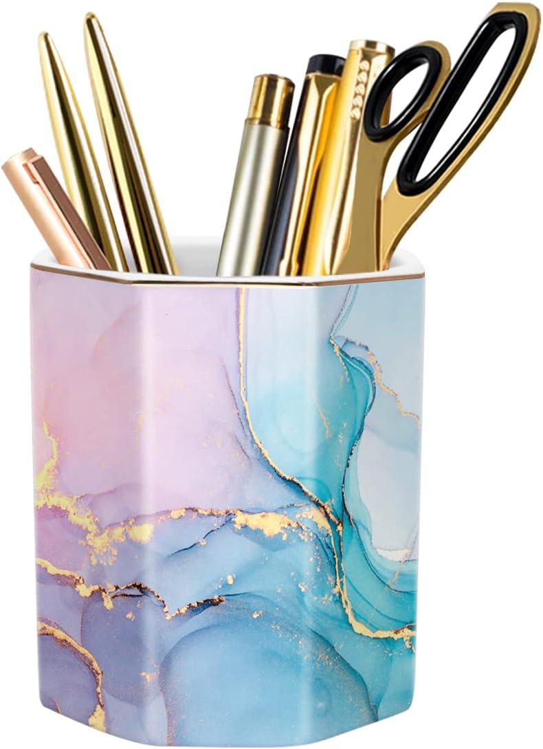 WAVEYU Ceramic Pen Holder for Desk Cute, Pencil Cup Pot Desk Organizer, Makeup Brush Holder for Women, Men, Kids, Desk Marble Decor for Office, Classroom, Home, Gray Golden