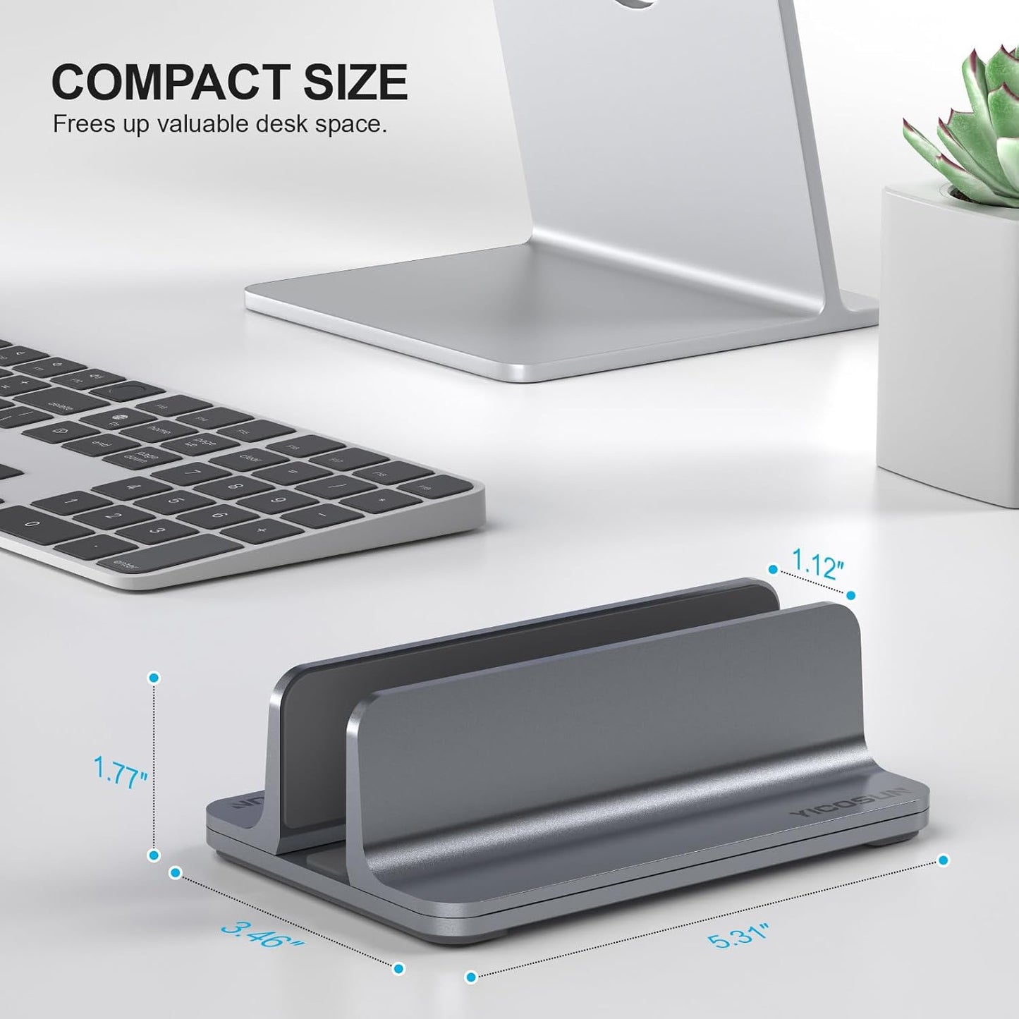 YICOSUN Aluminum Vertical Laptop Stand for Desk - Adjustable Width Dock for MacBook, Surface, Samsung, HP, Dell up to 17.3 inches - Space-Saving & Protective Design - Gray
