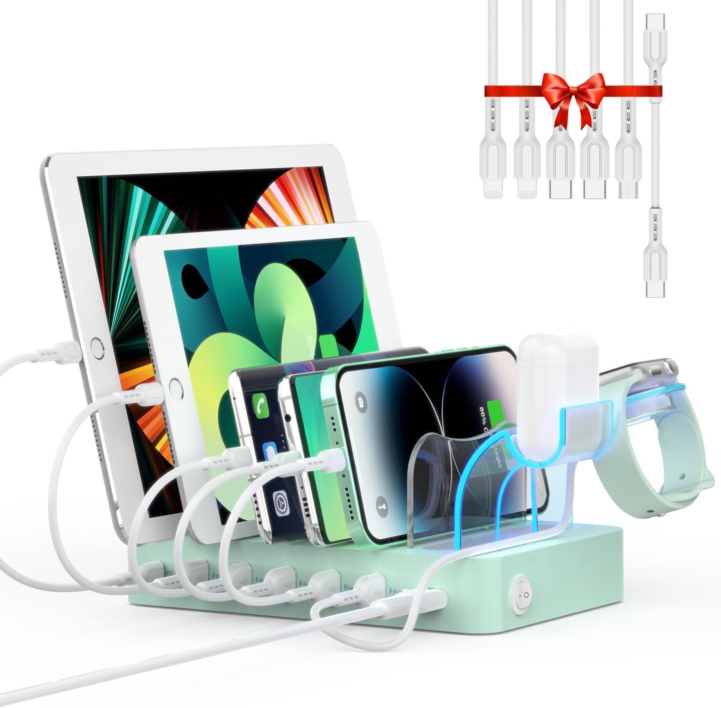 SooPii 60W 6-Port PD Charging Station for Multiple Devices, 20W PD USB C Fast Charging for lPhone 14/13/12,6 Short Cables Included, 2 in 1 Holder,for Phones,Tablets and Others…