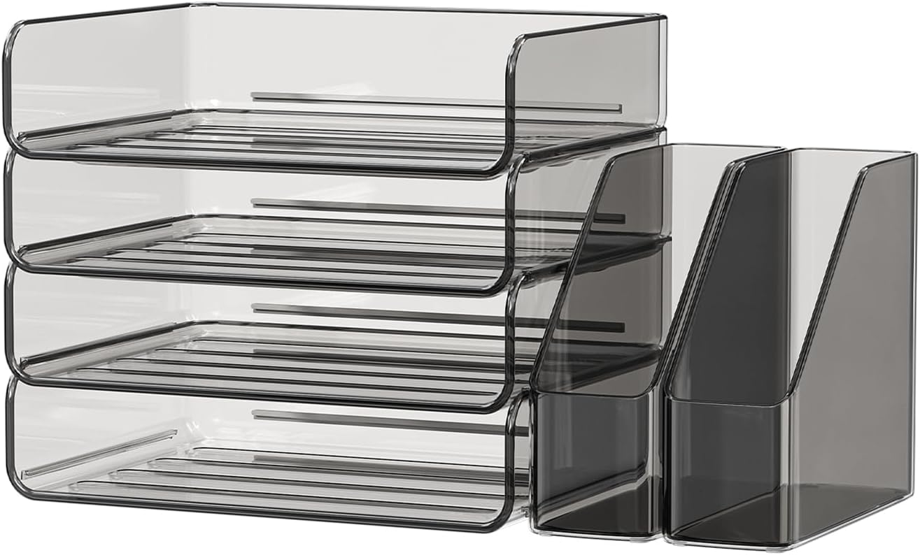 FANXIYQ 4-Tier Horizontal Acrylic Paper Tray Organizer with Bookends | Clear Stackable Desk Organizer for Documents, Letters, A4 Paper | Modern Office/Classroom/Home Organization
