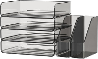 FANXIYQ 4-Tier Horizontal Acrylic Paper Tray Organizer with Bookends | Clear Stackable Desk Organizer for Documents, Letters, A4 Paper | Modern Office/Classroom/Home Organization