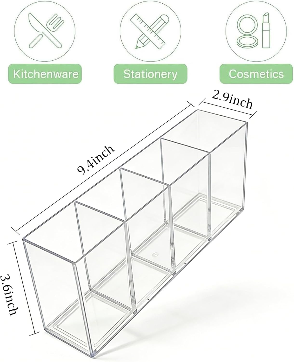 2 Pack Acrylic 3-Compartment Organizer Box, Storage Box with Lid, Clear Pen Holder Organizer Makeup Brush Holder for Office Desk Accessories, Cosmetic Brush Storage Box, Dorm, Bathroom, Kitchen