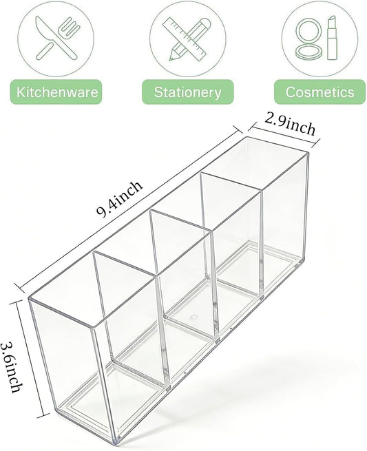 2 Pack Acrylic 3-Compartment Organizer Box, Storage Box with Lid, Clear Pen Holder Organizer Makeup Brush Holder for Office Desk Accessories, Cosmetic Brush Storage Box, Dorm, Bathroom, Kitchen