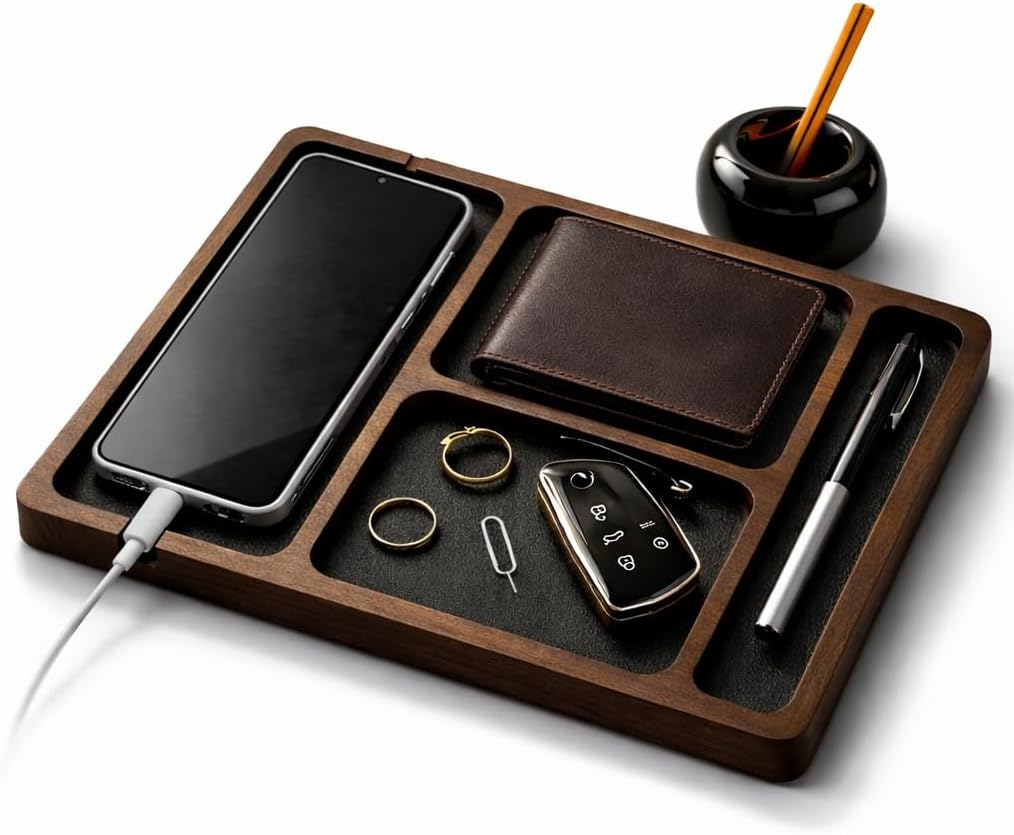 Desk Organizer Tray for Men with Ceramic Pen Holder, Wooden Valet Tray, Minimalist EDC Desk Organizer for Phone, Wallet, & Keys, Nightstand Bedside, Entryway, Birthday Gift for Men, Dad, Husband
