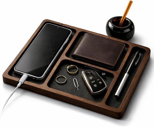 Desk Organizer Tray for Men with Ceramic Pen Holder, Wooden Valet Tray, Minimalist EDC Desk Organizer for Phone, Wallet, & Keys, Nightstand Bedside, Entryway, Birthday Gift for Men, Dad, Husband