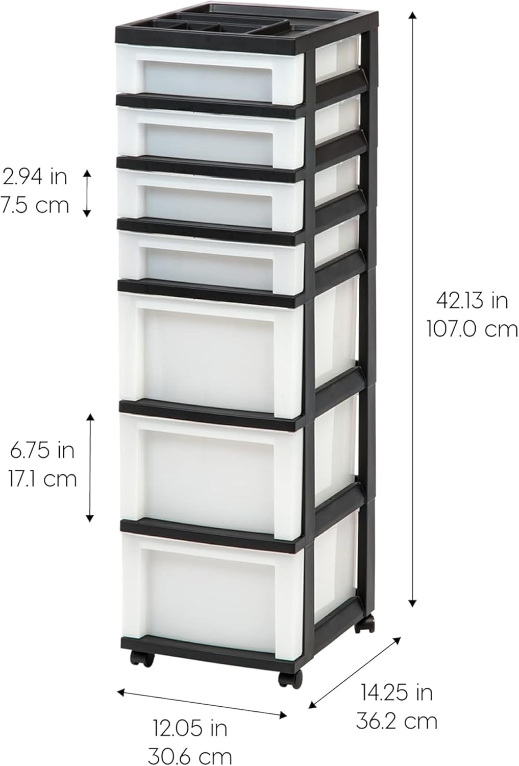 IRIS USA Plastic Drawer Storage Organizer Rolling Cart, with Wheels Casters, 4-Drawers, for Classroom Art Craft Supplies Dresser Closet Bathroom Laundry Room, Black/Pearl