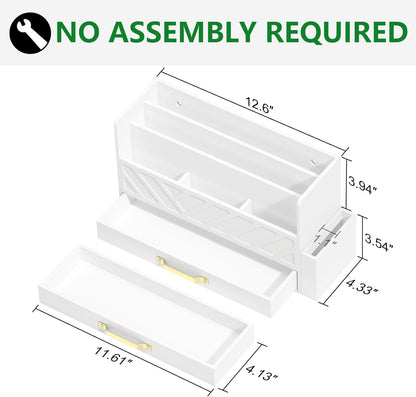 WISUCART Bamboo Desk Organizer Mail Holder Countertop Wood Desk Drawer Tabletop Storage Box Pen Holder Letter Sorter Makeup Organizer for School Home Office Supplies with Pen Holder White