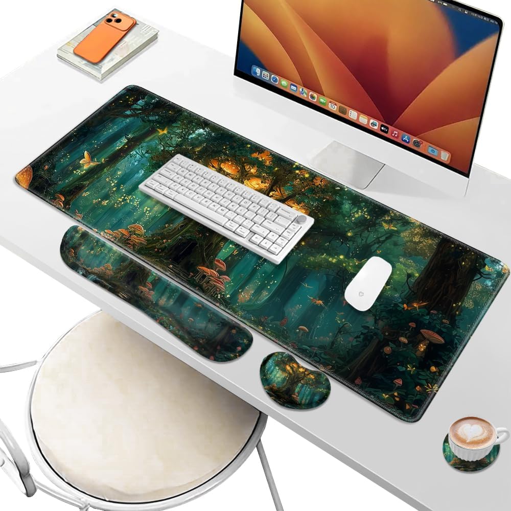 Desk Pad and Keyboard Wrist Rest, Large Mouse Pad + Keyboard Pad+Mouse Wrist Support, Non-Slip Desk Mat Protector for Office, Home 31.5×11.8 Inches Anime Dragon