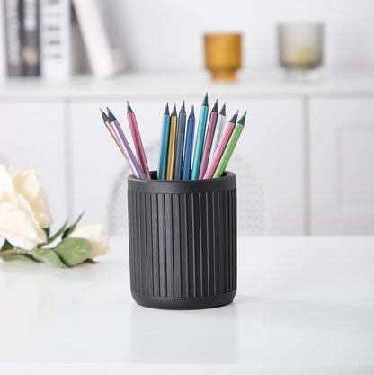 Aotea Crafts - Concrete Modern Industrial Pen Holder for Desk - Aesthetic Minimalist Charcoal Black Pencil Holder for Desk- Handcrafted Cement Fluted Pen Cup Organizer - Sealed & Durable