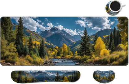 MIBITRI Keyboard Mouse Pad Set, Extended Gaming Mouse Pad+Ergonomics Keyboard Wrist Rest Support, Memory Foam, Easy Typing Pain Relief, 4Pcs XXL Ultra Thick Desk Mat, Enchanted Bookshelf