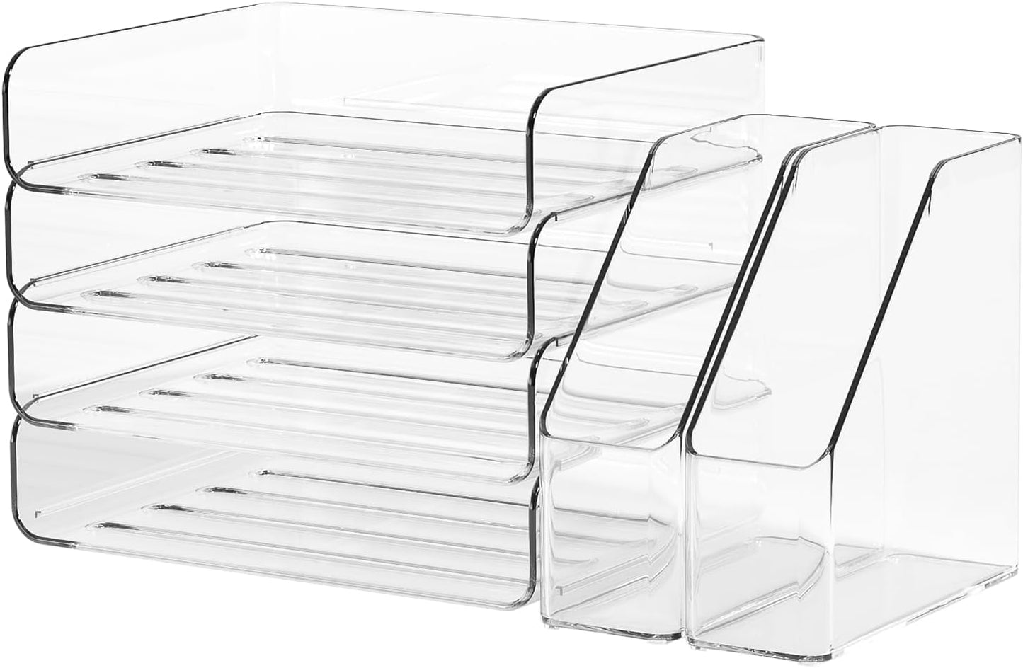 FANXIYQ 4-Tier Horizontal Acrylic Paper Tray Organizer with Bookends | Clear Stackable Desk Organizer for Documents, Letters, A4 Paper | Modern Office/Classroom/Home Organization