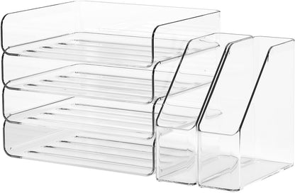 FANXIYQ 4-Tier Horizontal Acrylic Paper Tray Organizer with Bookends | Clear Stackable Desk Organizer for Documents, Letters, A4 Paper | Modern Office/Classroom/Home Organization