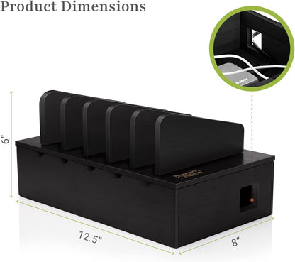 Prosumer's Choice Wooden Charging Station Organizer - 5-Port Base for Phones, Tablets and Laptops - Multi-Device Docking Station with Removable Divider Slots - Cord Box with Cable Management - Bamboo