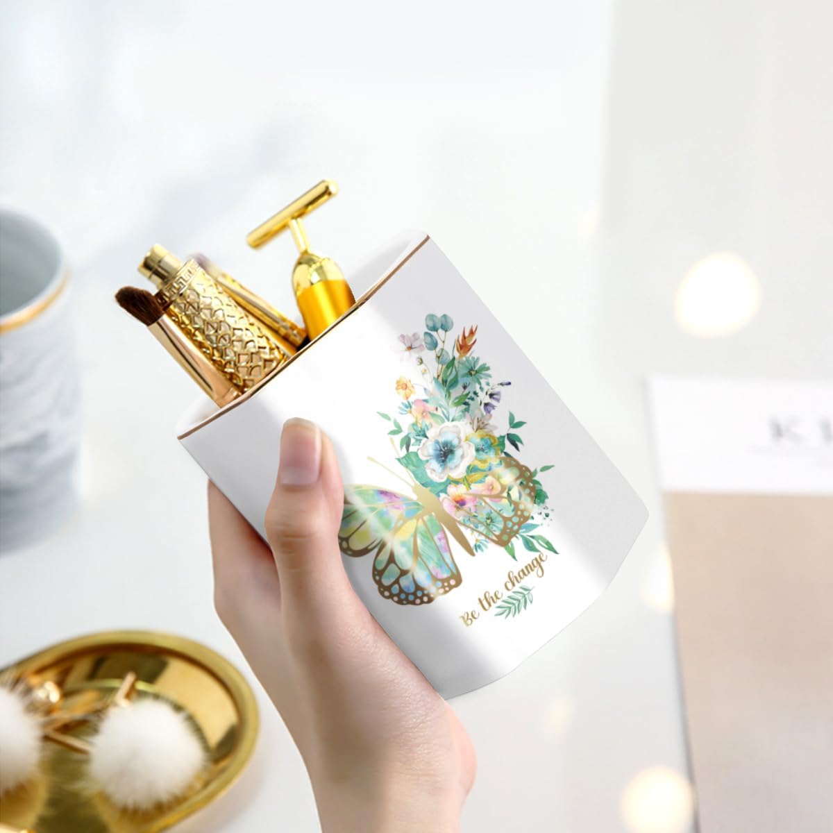 WAVEYU Ceramic Pen Holder for Desk Cute, Pencil Cup Pot Desk Organizer, Makeup Brush Holder for Women, Men, Kids, Desk Marble Decor for Office, Classroom, Home, Gray Golden