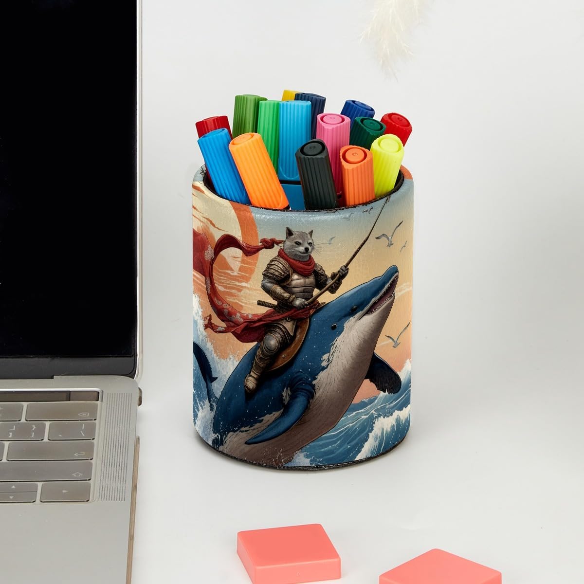 Leather Pen Holder for Desk, Love Cherry Pencil Organizer Pencil Cup Desk Decor Makeup Brush Holder Multifunctional Office Supplies for Home,Office, School