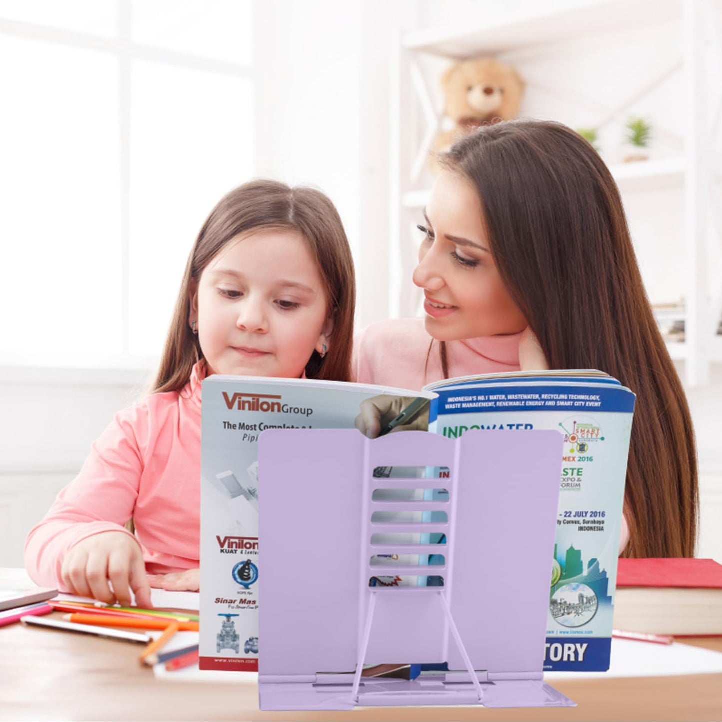 Honagu Metal Desk Book Holder, Hands Free Adjustable Cookbook & Document Holder, Portable Bookstand for Music Books, Textbooks, Recipes, Tablets & iPads (Purple)