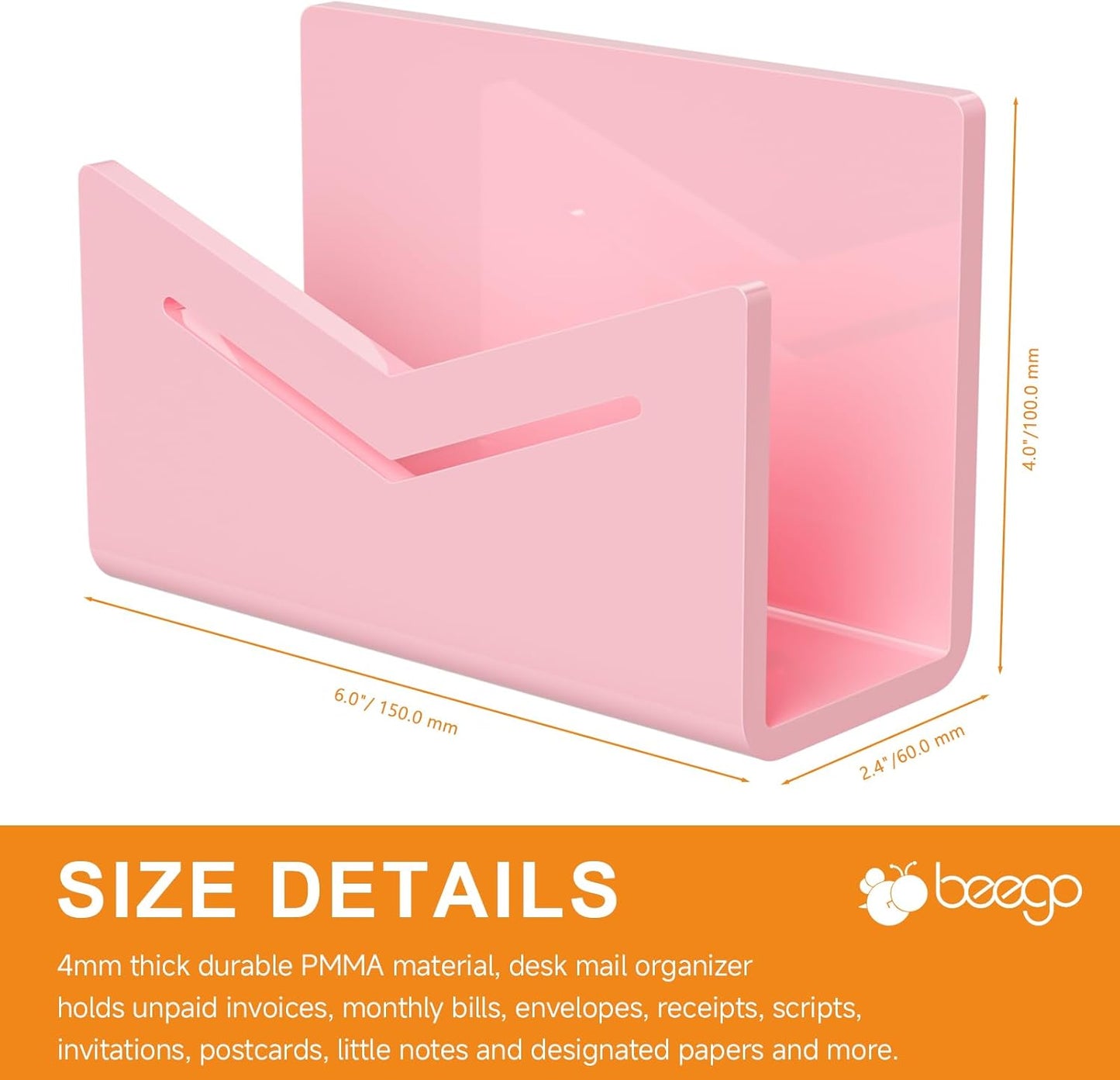 Beego Envelope and Mail Organizer Countertop - Clear Acrylic Desk Organizer Letter Holder Desktop File Sorter Bill Document Folder Rack for Office, Home, School Desk Organization