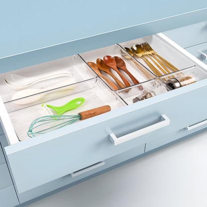 Kutesna 3 Pcs Large Clear Drawer Organizer Set, 15" X 6" Desk Drawer Organizers Trays with Non-Slip Silicone Pads, Storage Bins for Makeup, Office, Kitchen Gadgets Utensils, Bedroom, Tools, Bathroom