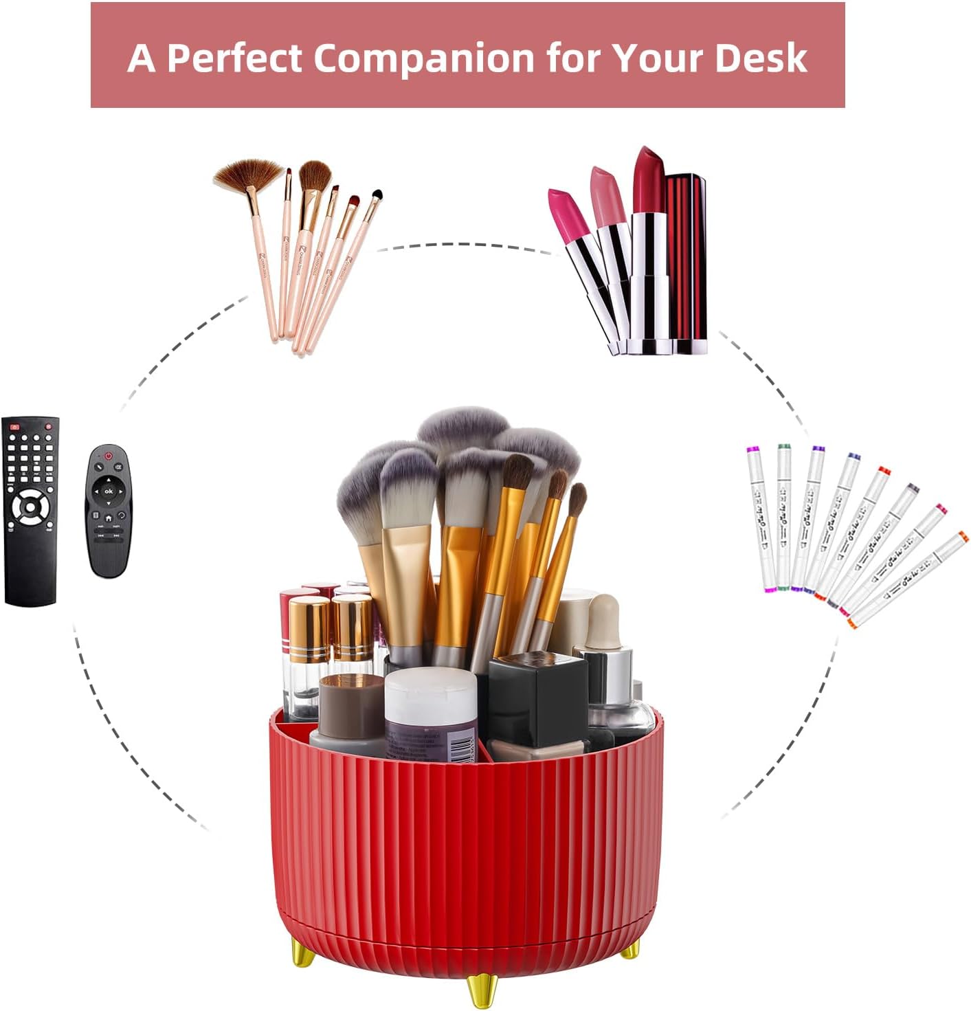 Marbrasse Desk Organizer, 360-Degree Rotating Pen Holder, Desk Organizers and Accessories with 5 Compartments Pencil Holder, Art Supply Storage Box Caddy for Office, Home（White）