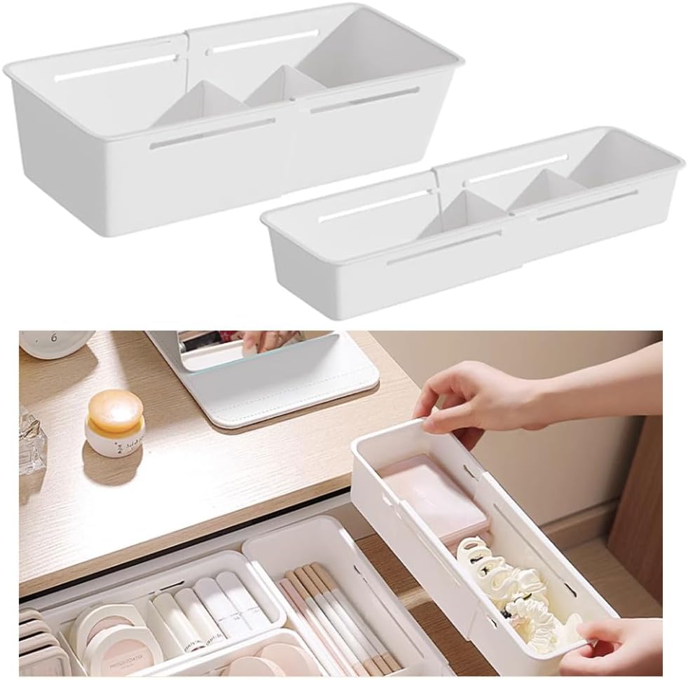 Expandable Storage Drawer Organizers Sliding Bin Plastic Desk Drawer Trays with Removable Dividers Adjustable Makeup Storage Bins for Bedroom, Bathroom, Clothes, Kitchen Utensil (Large)