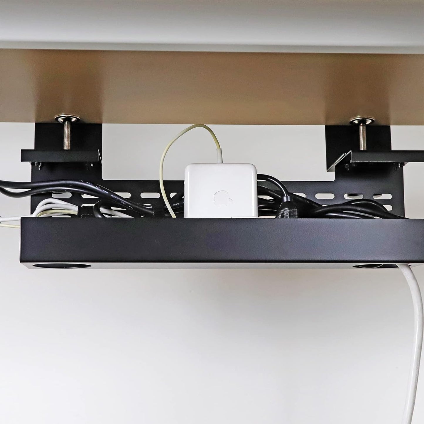AEONS Under Desk Cable Management Tray Kit - Horizontal Adjustable up to 41” Removable C Clamp Mount Reversible Computer Cord Raceway and Modesty Panel for Large Table, Black