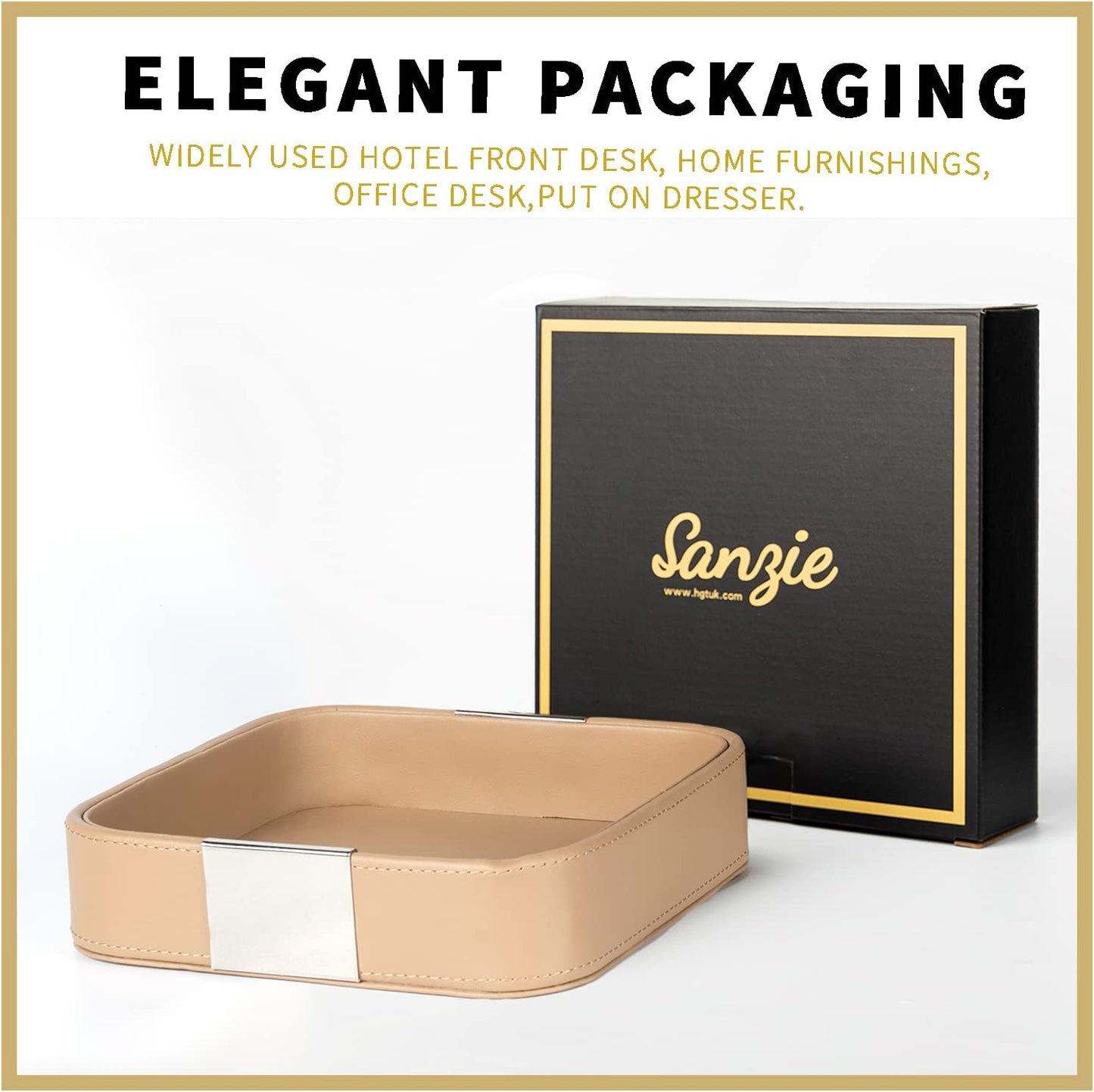 SANZIE Luxury Leather Desktop Storage Small Catchall Organizer Decorative Tray for Entryway Table to Hold Jewelry Watch Cosmetics Keys Phone Wallet, Home & Office Accessories (Metal Silvered, Black)