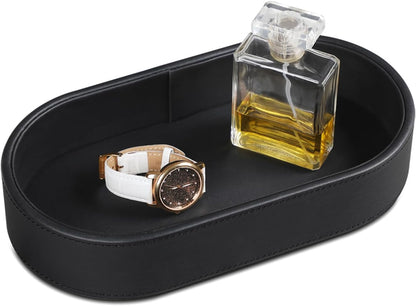 Oval Desk Valet Tray, PU Leather Perfume Dish Bowl for Keys Wallet Watch, Decorative Trinket Vanity Jewelry Tray, Entryway Nightstand Organizer Women Men (Black)