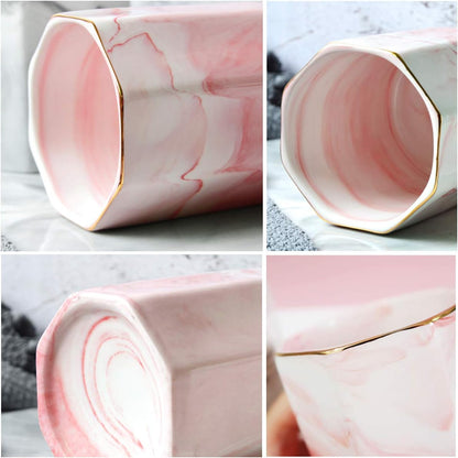WAVEYU Ceramic Pen Holder for Desk Cute, Pencil Cup Pot Desk Organizer, Makeup Brush Holder for Women, Men, Kids, Desk Marble Decor for Office, Classroom, Home, Gray Golden