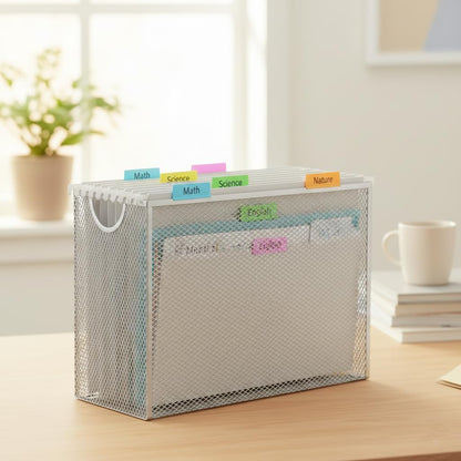 Hanging File Organizer, Letter-Size File Holder Filing Box with 5 Hanging Folders, Metal Mesh Desk File Folder Storage(No Assembly Required) (with 5 Grey Folders)