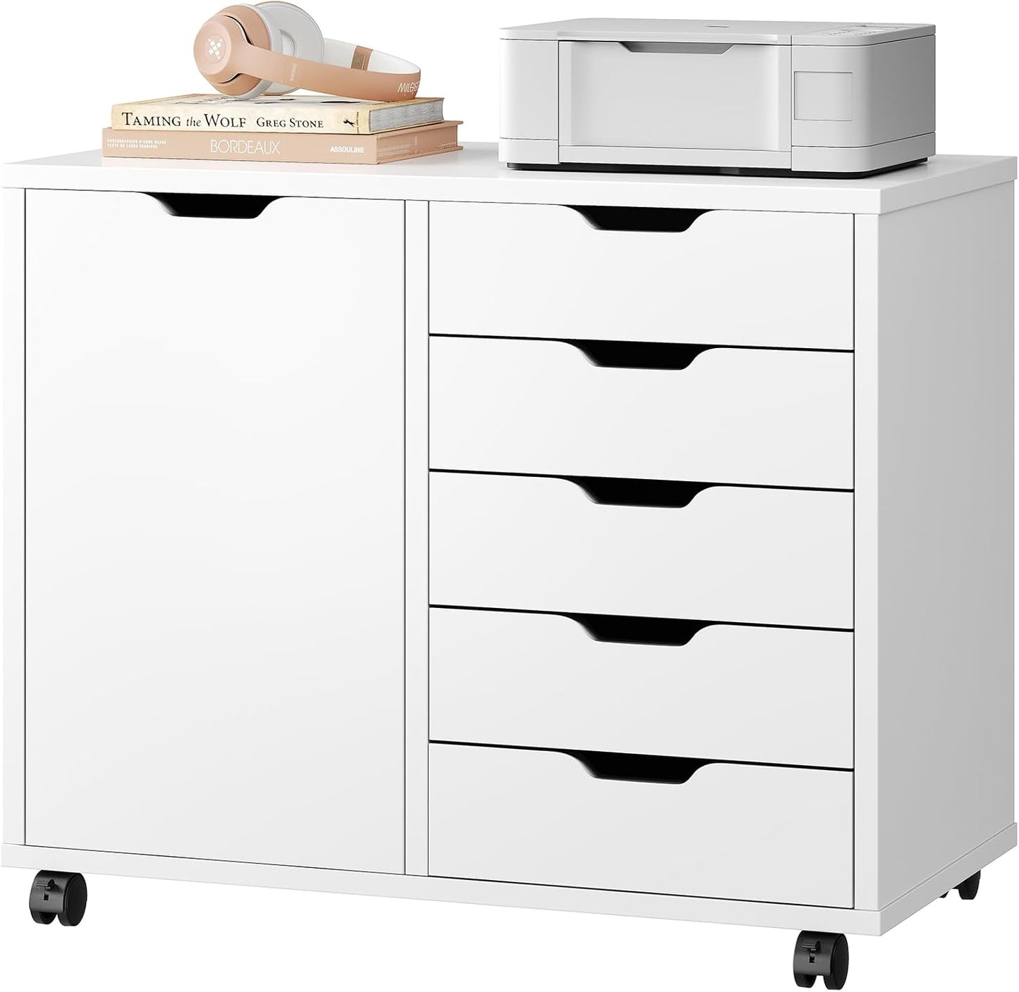 DUMOS 5 Drawer File Cabinet Office Drawers Organizer with Wheels Rolliing, Under Desk Cabinets with Shelves and Door Printer Stand with Wood Board Metal Frame for Home Office Storage Craft Room, Black