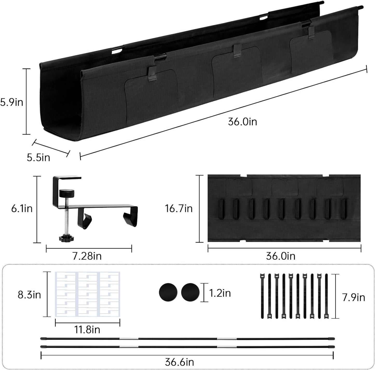 Under Desk Cable Management Tray No Drill, 36" Clamp Mount Under Desk Cord Organizer for Standing Desk Cable Management, Fabric Cord Organizer Fabric for Office Home, Black