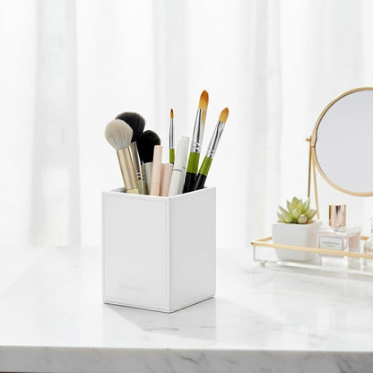 UnionBasic Square Pen Holder, Leather Pencil Cup, Desktop Caddy Stationery Organizer, Beige